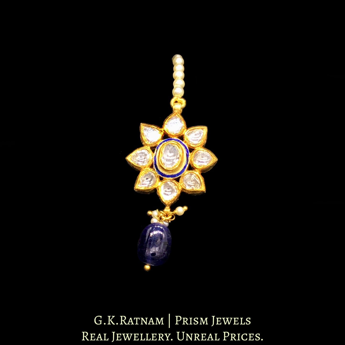 18k Gold and Diamond Polki floral Maang Tika with blue enamelling - G. K. Ratnam
