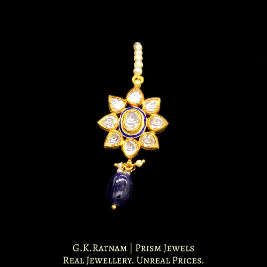 18k Gold and Diamond Polki floral Maang Tika with blue enamelling - G. K. Ratnam