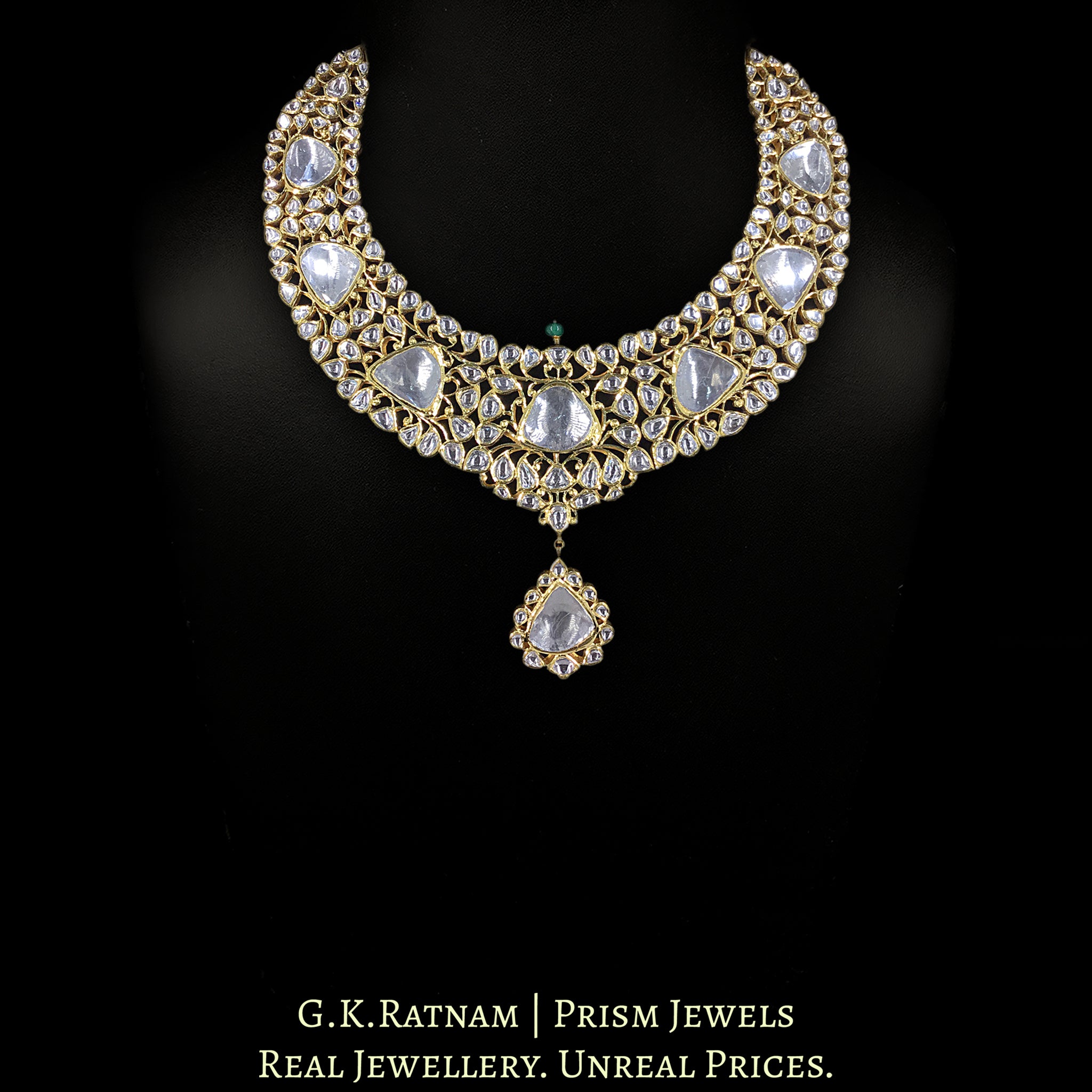 18k Gold And Diamond Polki Vintage Necklace Set with far-sized Uncut Diamonds