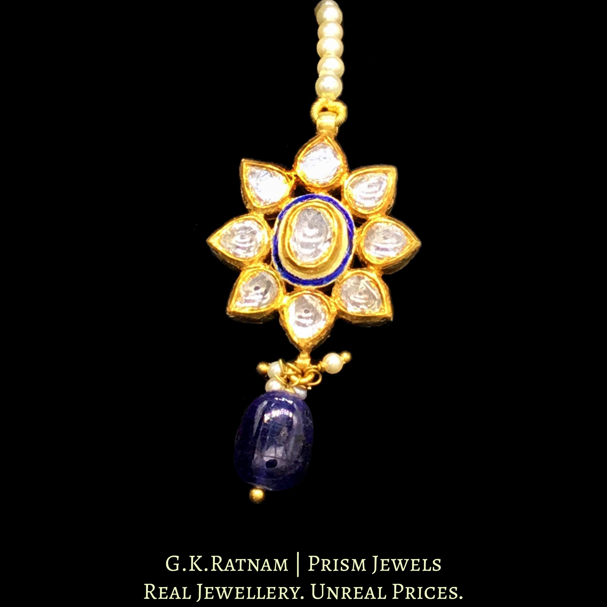 18k Gold and Diamond Polki floral Maang Tika with blue enamelling