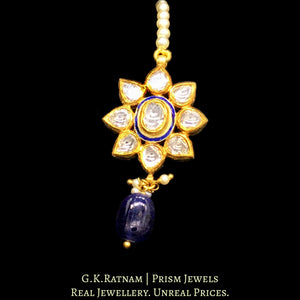 18k Gold and Diamond Polki floral Maang Tika with blue enamelling