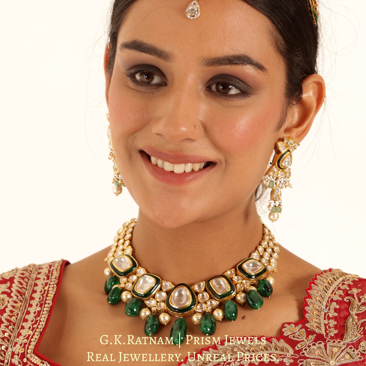 18k Gold and Diamond Polki Necklace with emerald-grade chunky Beryl Hangings