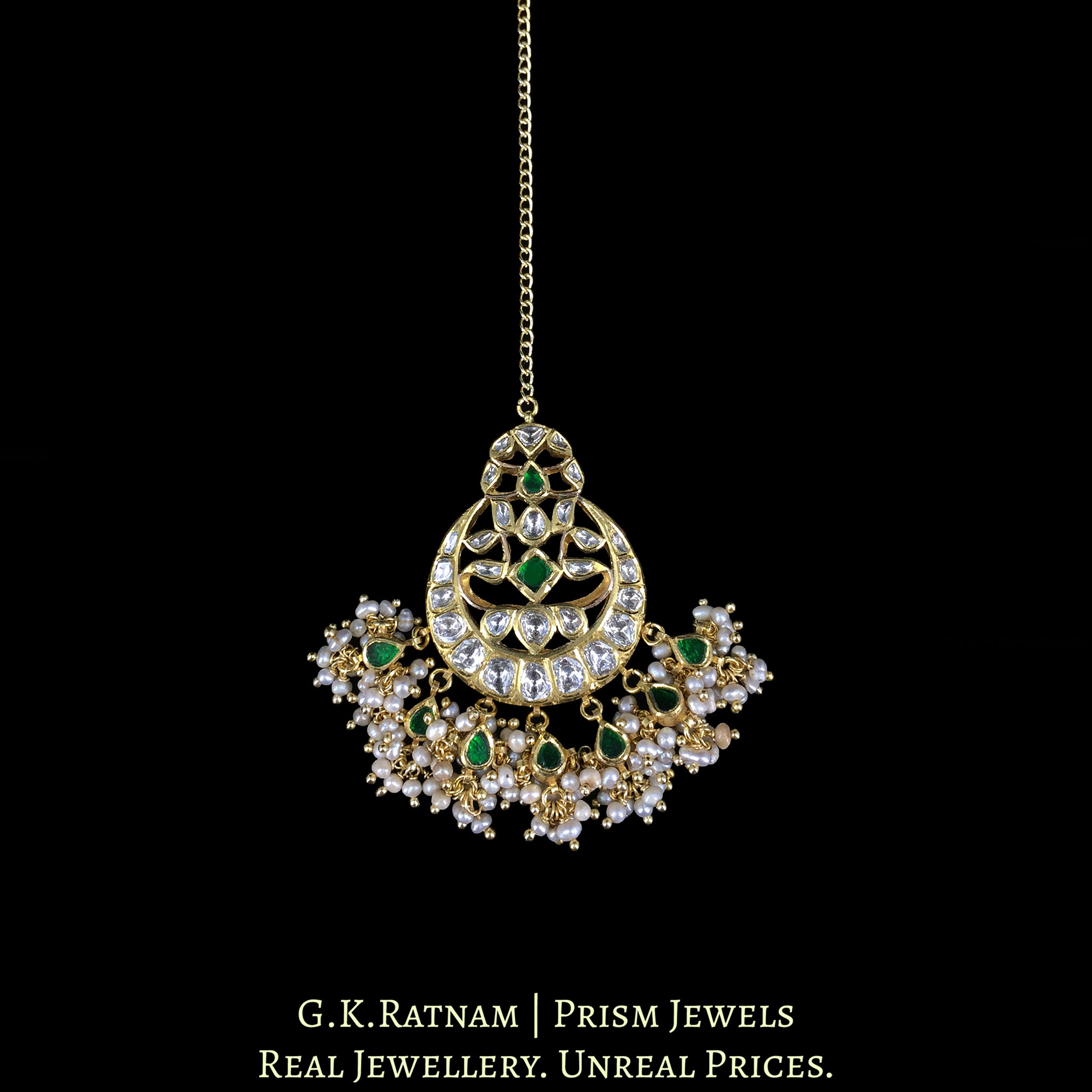 18K Gold And Diamond Polki Maang Tika With Pearls