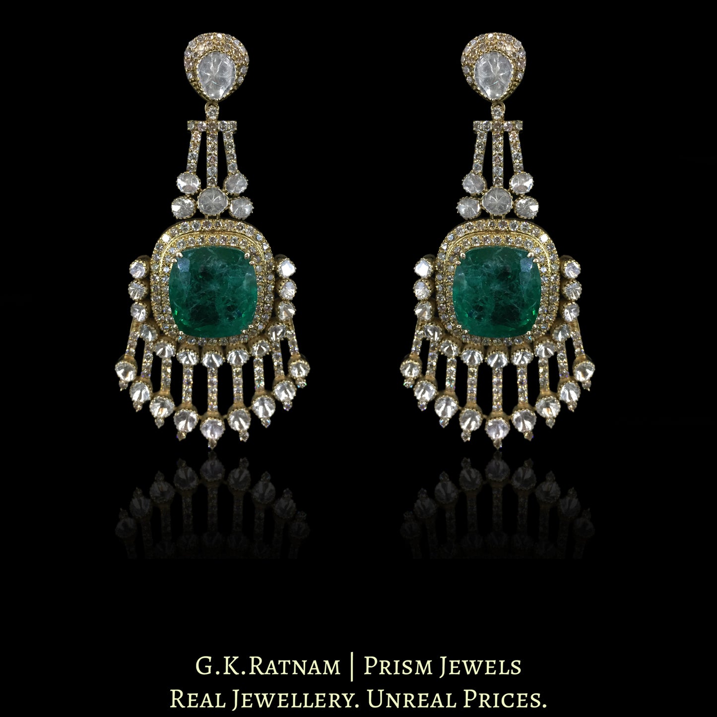 14k Gold and Diamond Polki Open Setting Long Earring Pair in victorian-finish - G. K. Ratnam