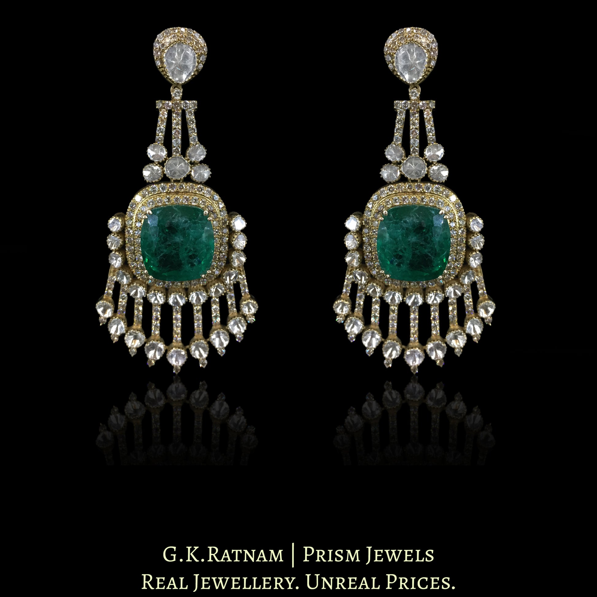 14k Gold and Diamond Polki Open Setting Long Earring Pair in victorian-finish - G. K. Ratnam