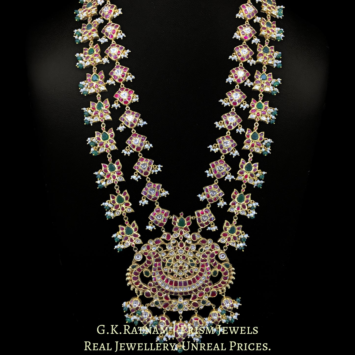 14k Gold and Diamond Polki south-style Long Haram Necklace with Natural Freshwater Pearls