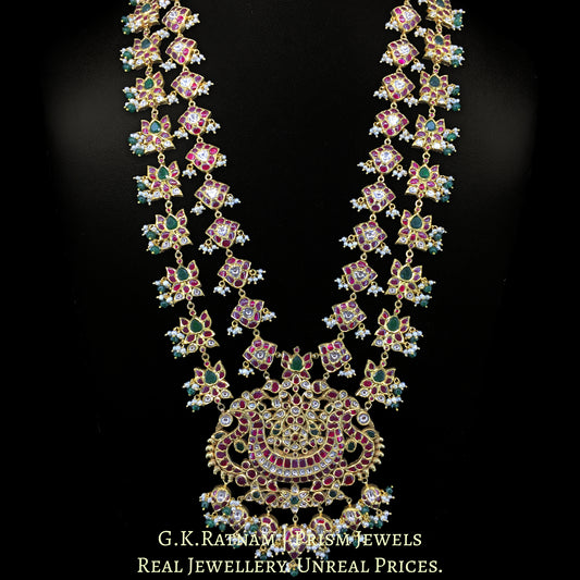 14k Gold and Diamond Polki south-style Long Haram Necklace with Natural Freshwater Pearls