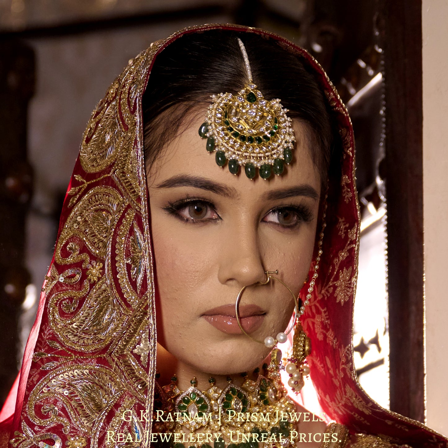 18k Gold and Diamond Polki Maang Tika with Natural Freshwater Pearls and Strawberry Quartz - G. K. Ratnam