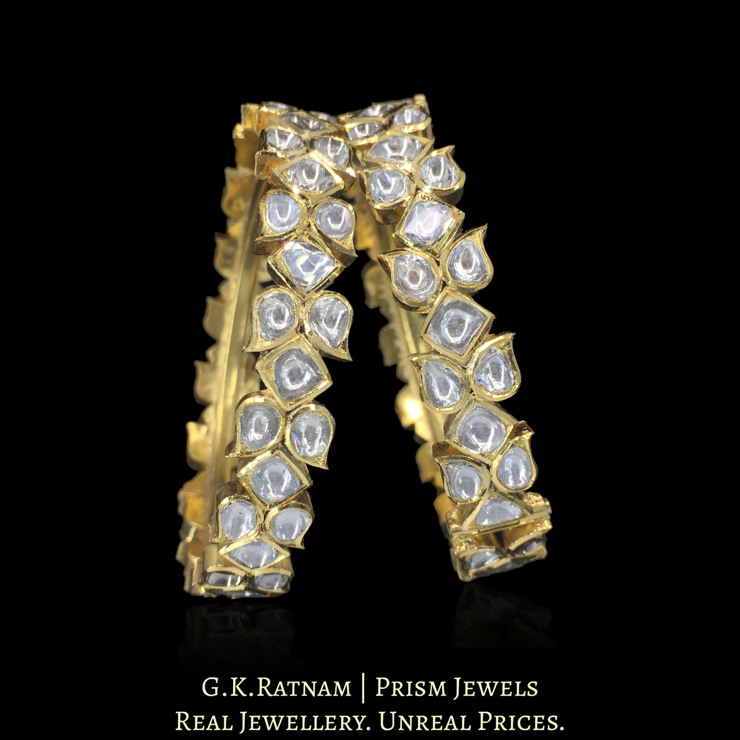 18K Gold Diamond Polki Leaf Design Bangle Pair