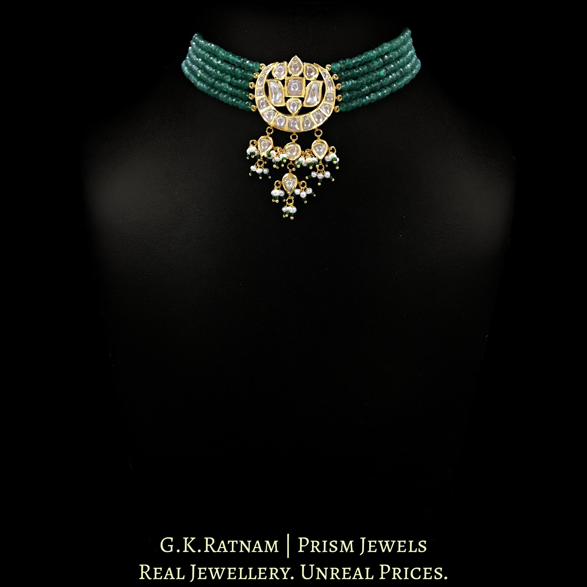 18k Gold and Diamond Polki Choker Necklace enhanced with emerald-green Strawberry Quartz