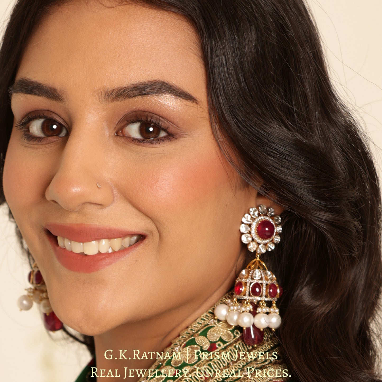 18k Gold and Diamond Polki Open Setting Jhumki Earring Pair with Rubies and Natural Freshwater Pearls
