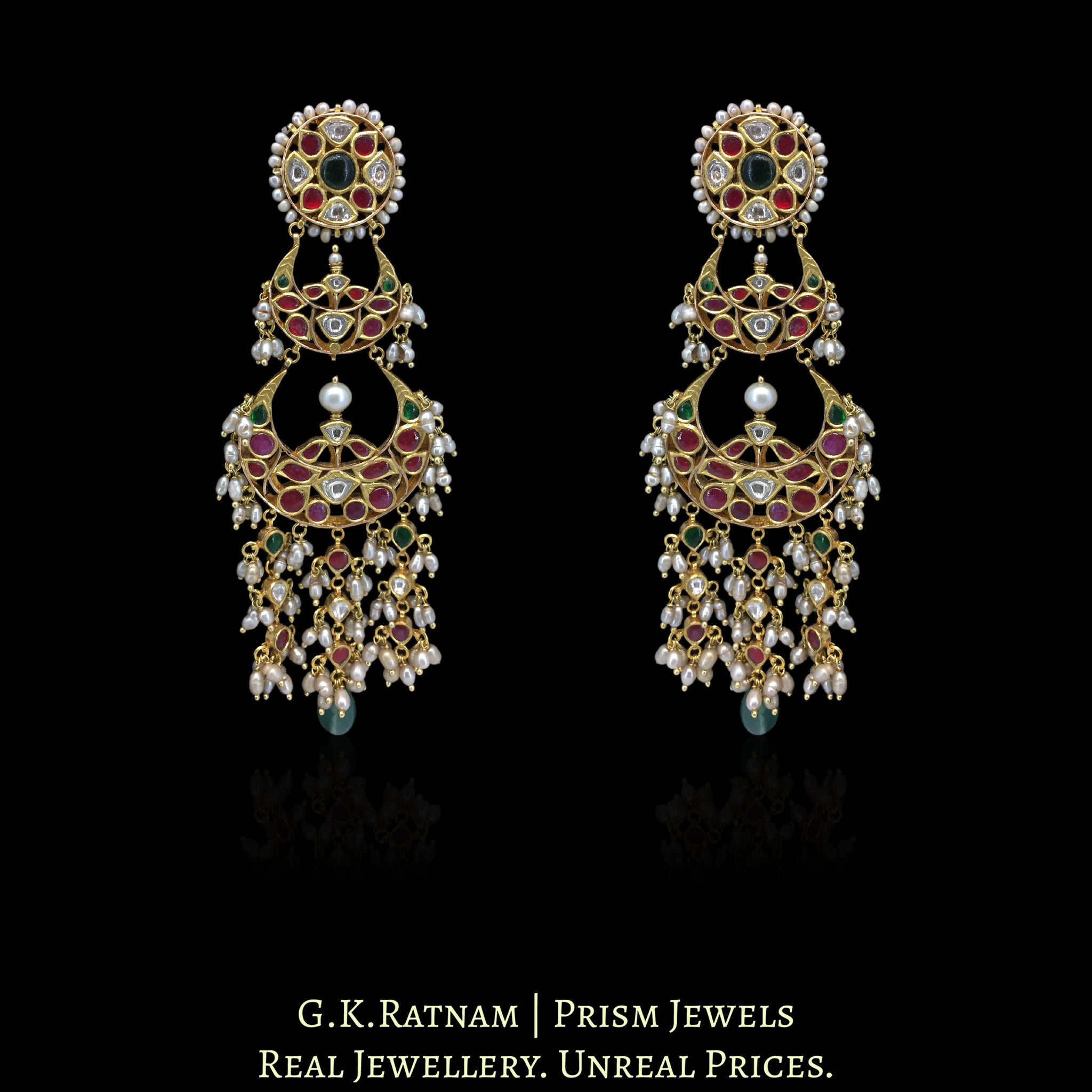 18k Gold and Diamond Polki Chand Bali Earring Pair with Antiqued Freshwater Pearls