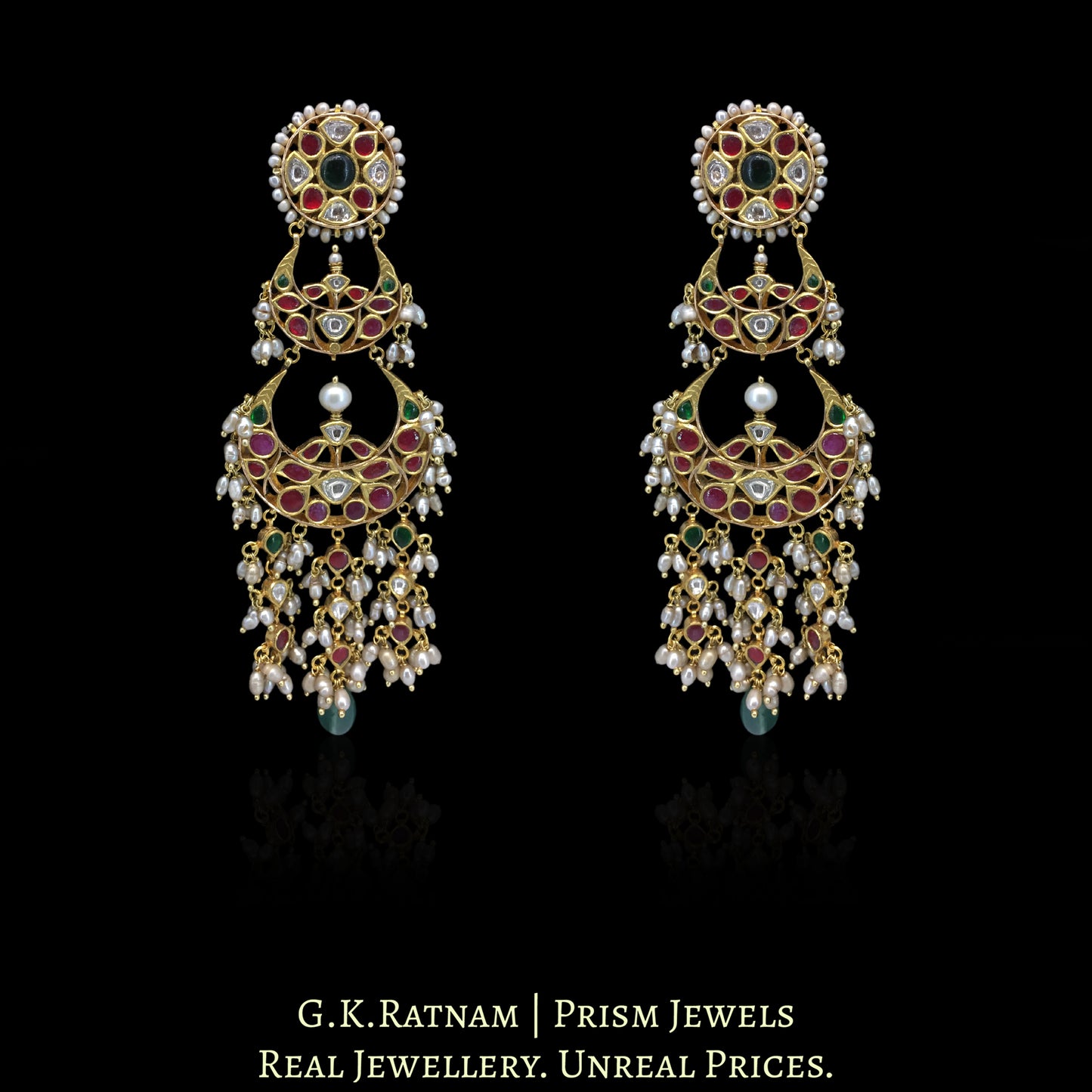18k Gold and Diamond Polki Chand Bali Earring Pair with Antiqued Freshwater Pearls - G. K. Ratnam