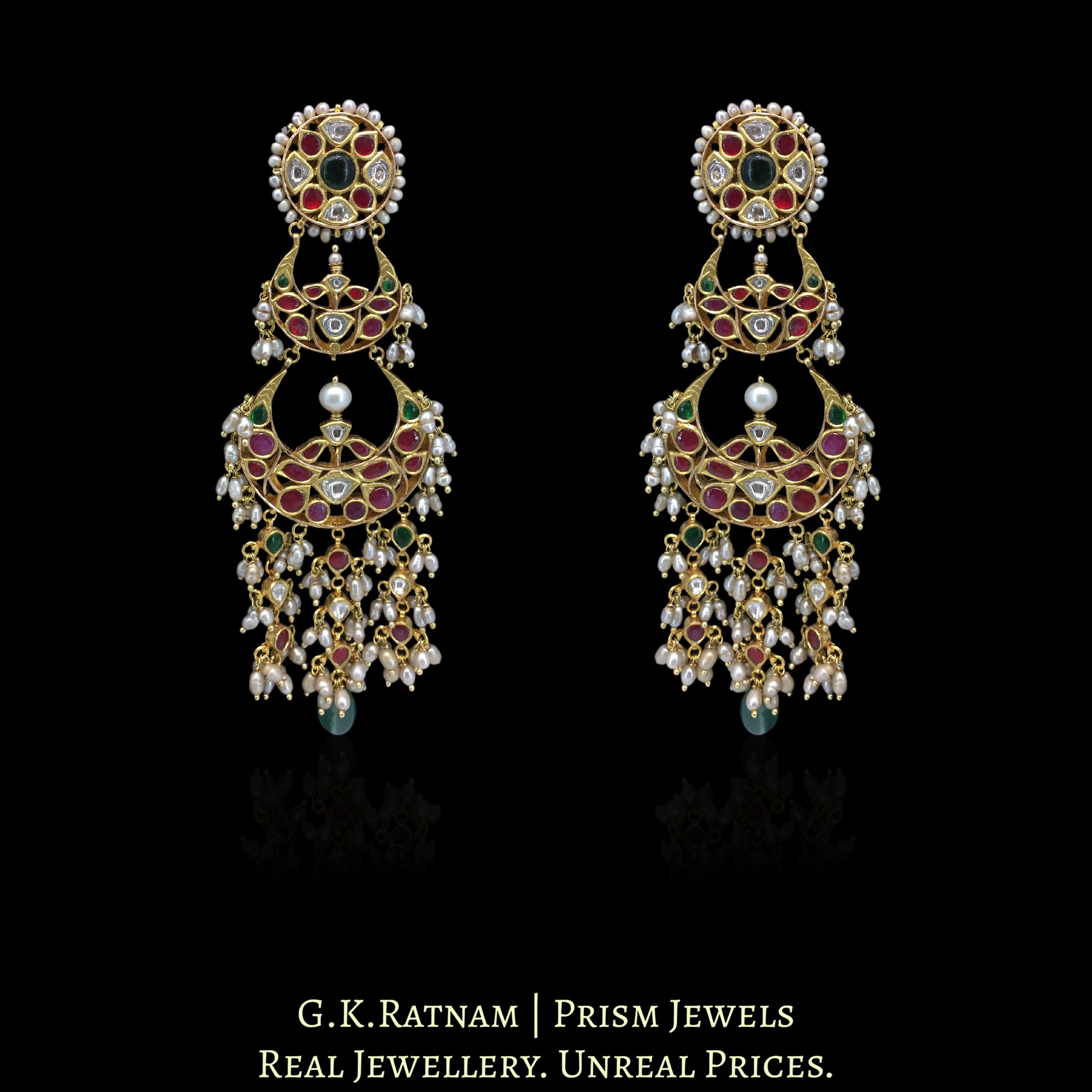 18k Gold and Diamond Polki Chand Bali Earring Pair with Antiqued Freshwater Pearls - G. K. Ratnam