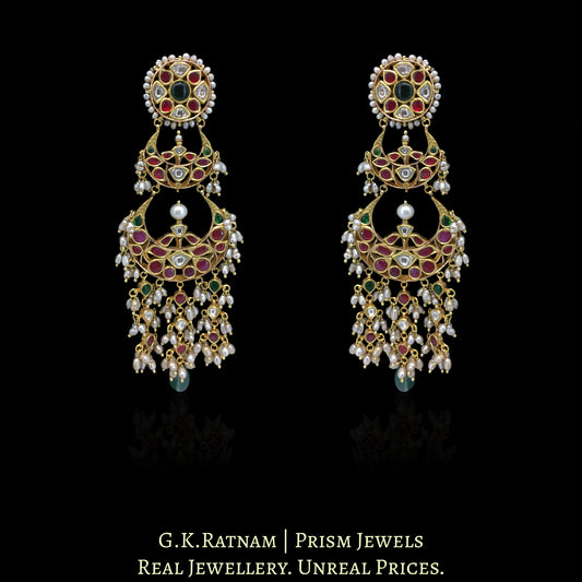 18k Gold and Diamond Polki Chand Bali Earring Pair with Antiqued Freshwater Pearls - G. K. Ratnam