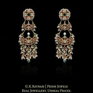 18k Gold and Diamond Polki Chand Bali Earring Pair with Antiqued Freshwater Pearls