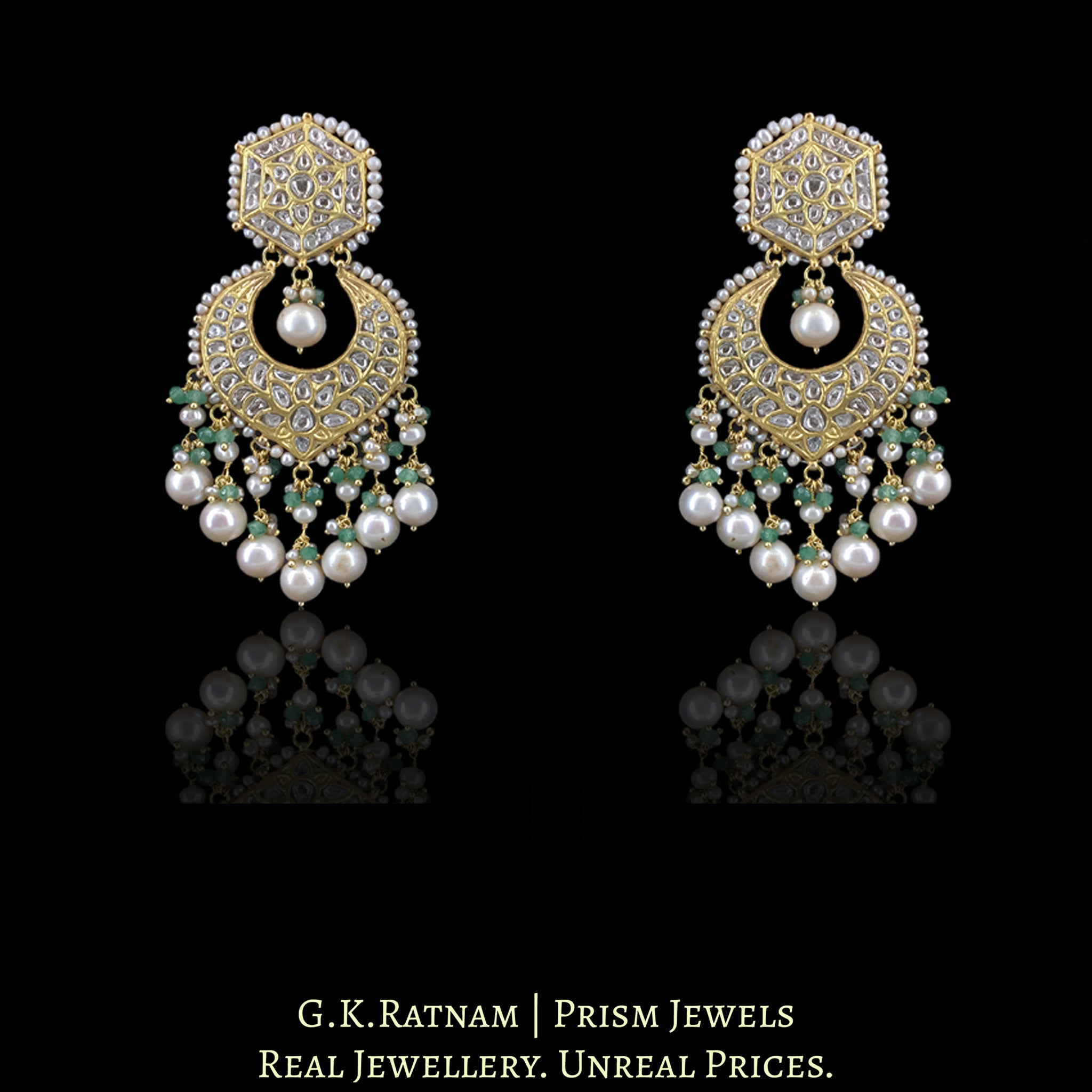 23k Gold and Diamond Polki Bridal Necklace Set with carved emerald-like Strawberry Quartz