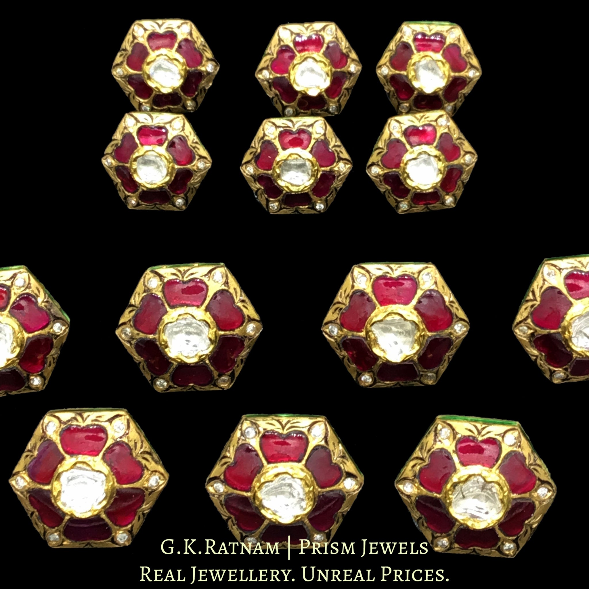 22k Gold and Diamond Polki prataj-work Sherwani Buttons with Ruby Talafs