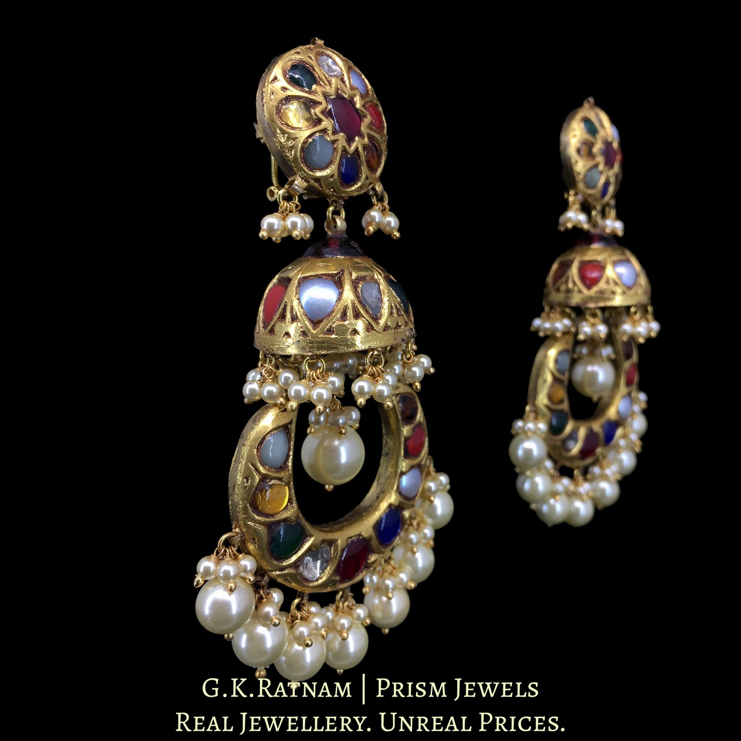 23k Gold and Diamond Polki Navratna Chand Bali with Jhumkis