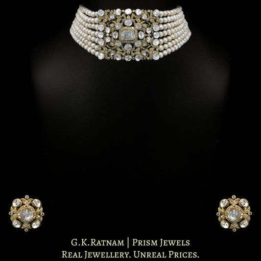 14K Gold and Diamond Polki victorian-finish Choker Necklace Set with Antiqued Freshwater Pearls