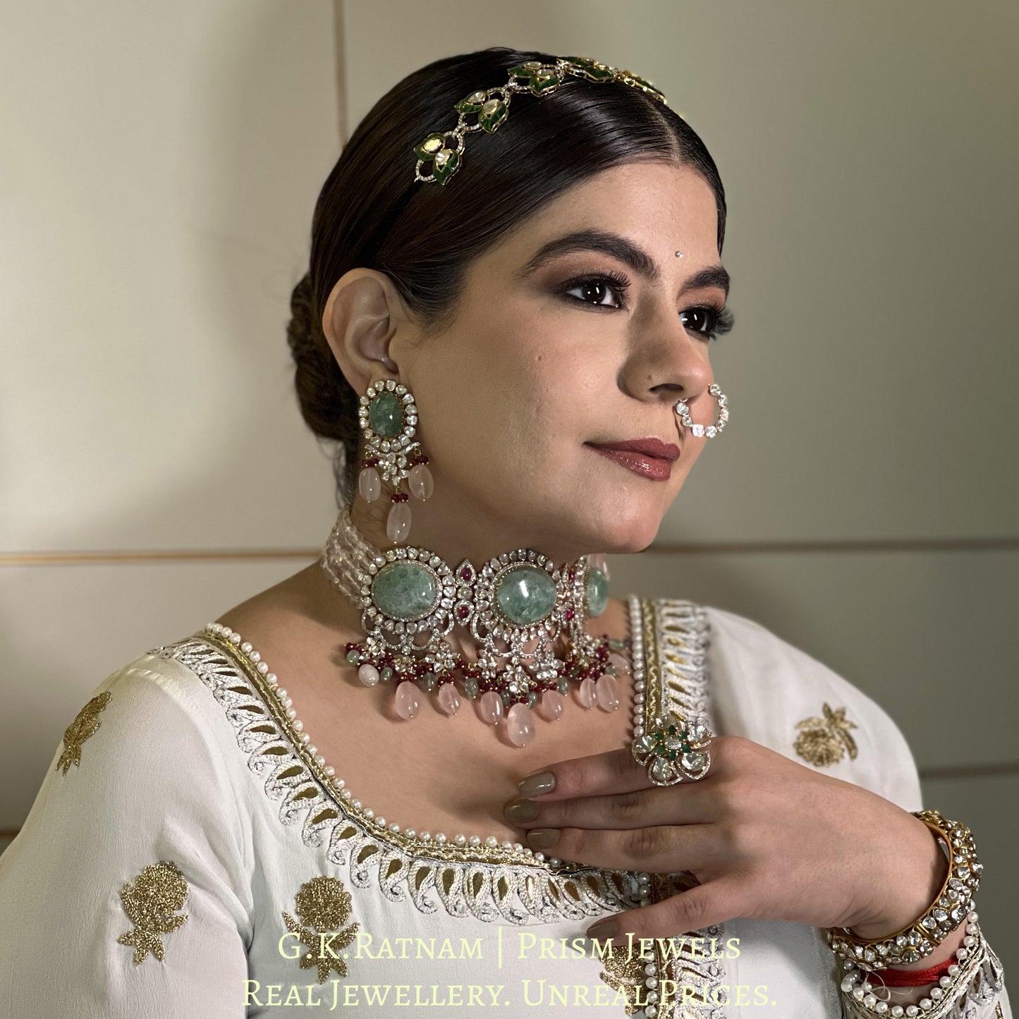 18k Gold and Diamond Polki Open Setting Necklace Set with Strawberry Quartz and Rose Quartz - G. K. Ratnam