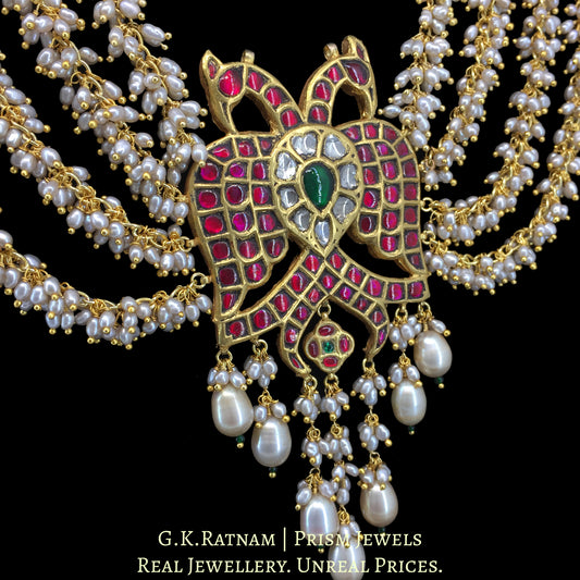 23k Gold and Diamond Polki south-style Baaz Pendant with Antiqued Freshwater Pearl Chains