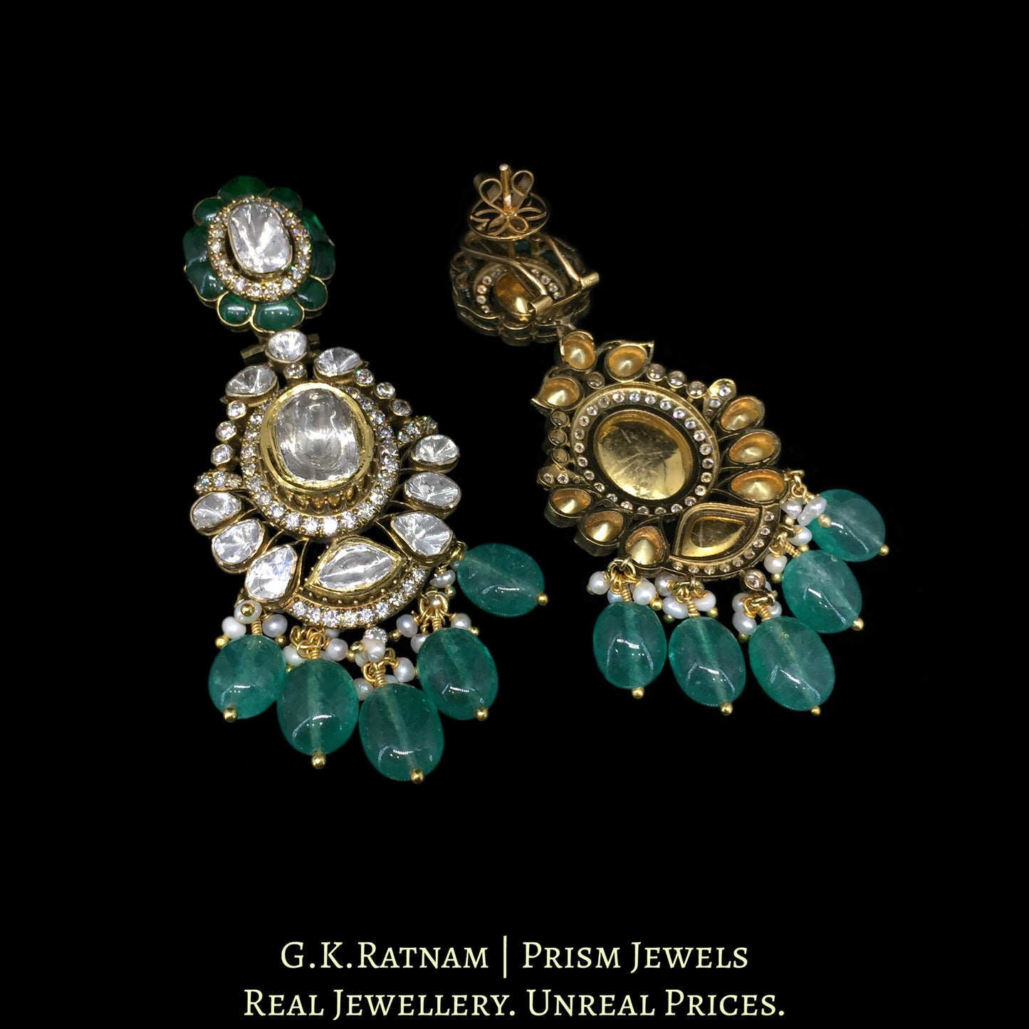 18k Gold and Diamond Polki Open Setting victorian-finish Long Earring Pair