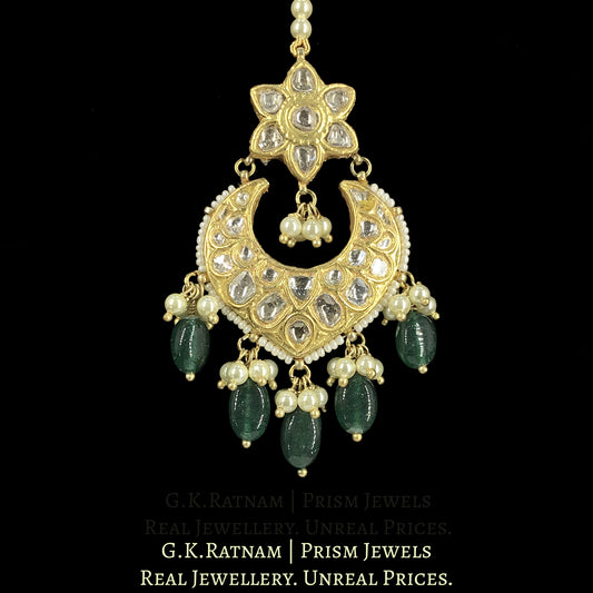 23k Gold and Diamond Polki Maang Tika Strung In Pearls and Green Strawberry Quartz