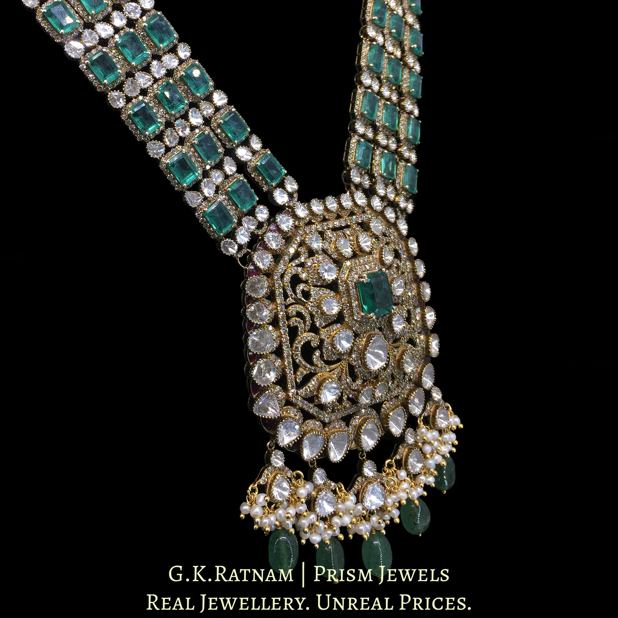 14k Gold and Diamond Polki Open Setting victorian-finish Long Necklace Set with Emeralds