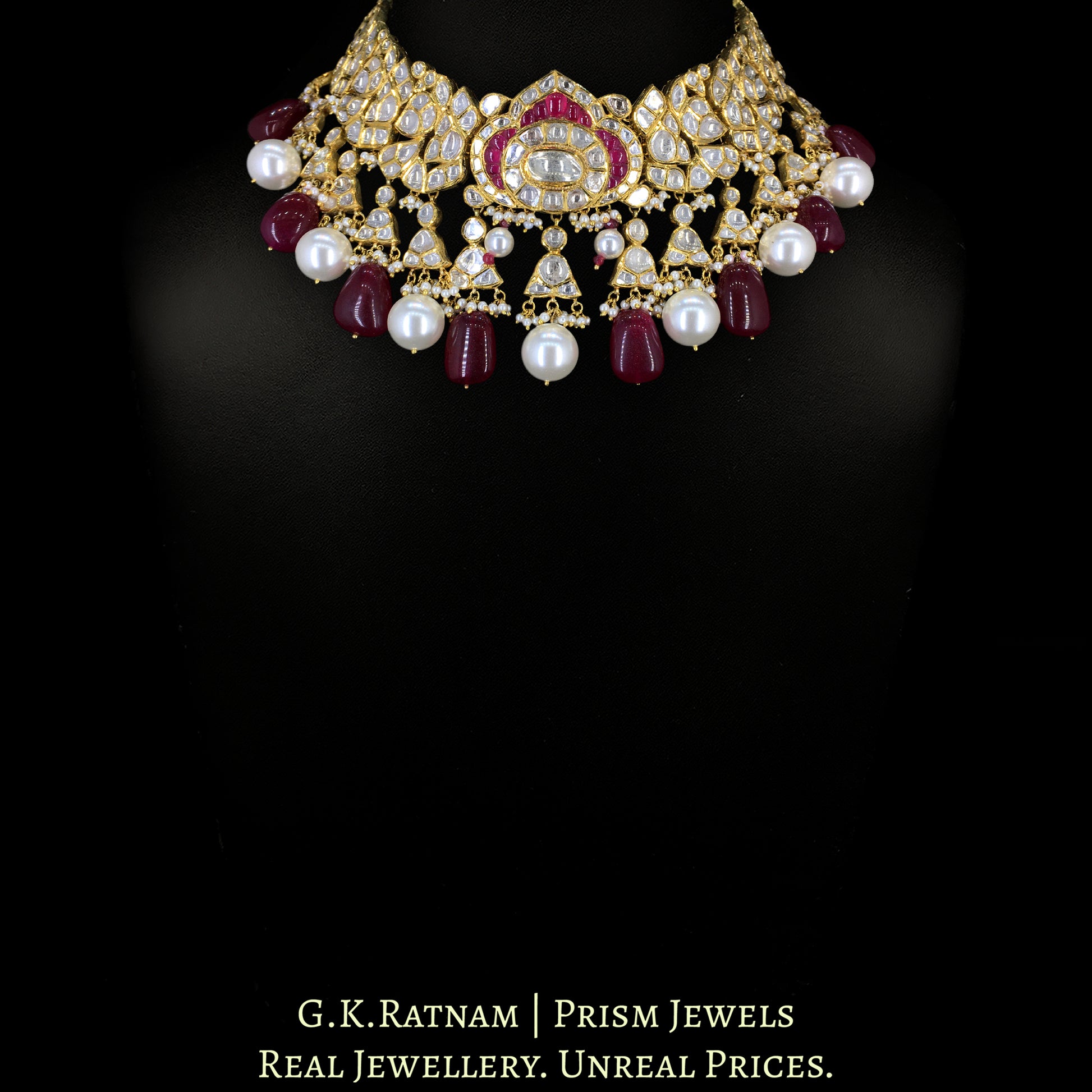 18k Gold and Diamond Polki Choker Necklace Set with Rubies - G. K. Ratnam