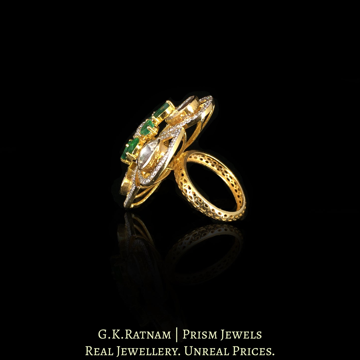 14k Gold and Diamond Polki Open Setting floral Ring with Natural Emeralds - G. K. Ratnam