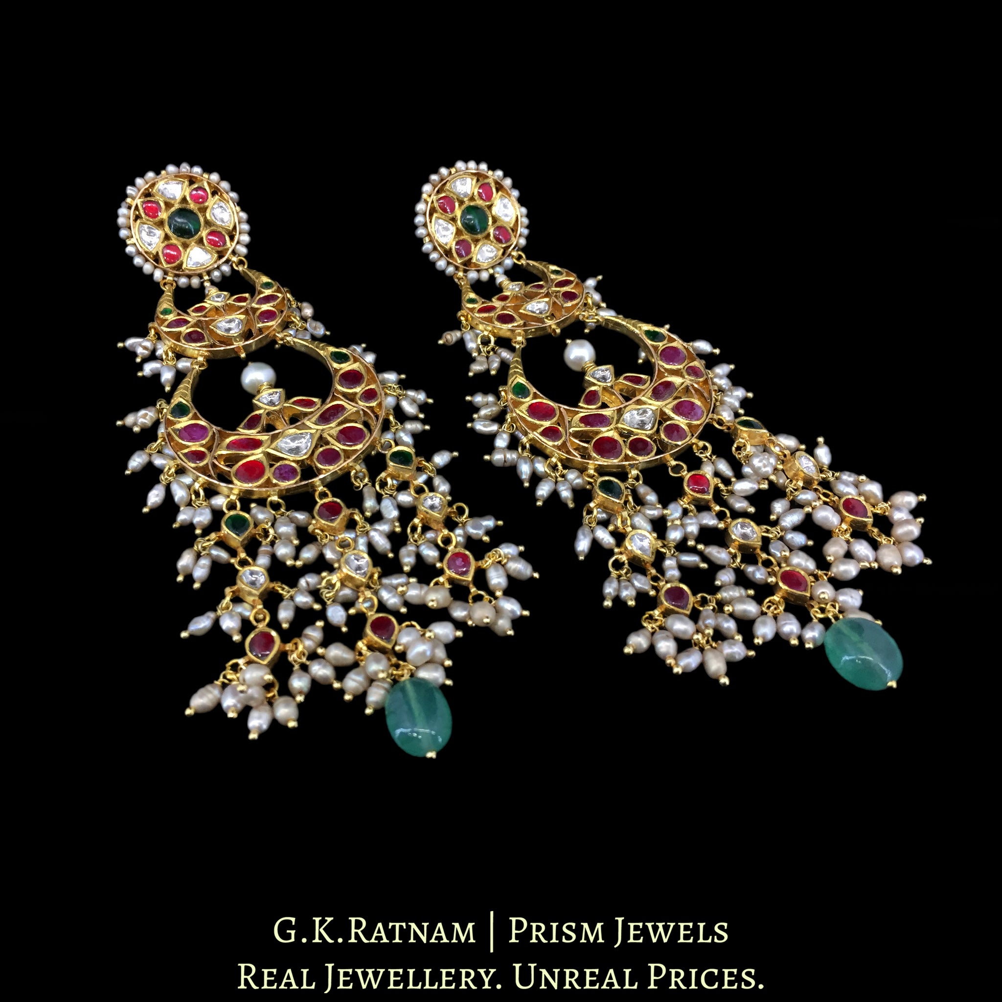 18k Gold and Diamond Polki Chand Bali Earring Pair with Antiqued Freshwater Pearls