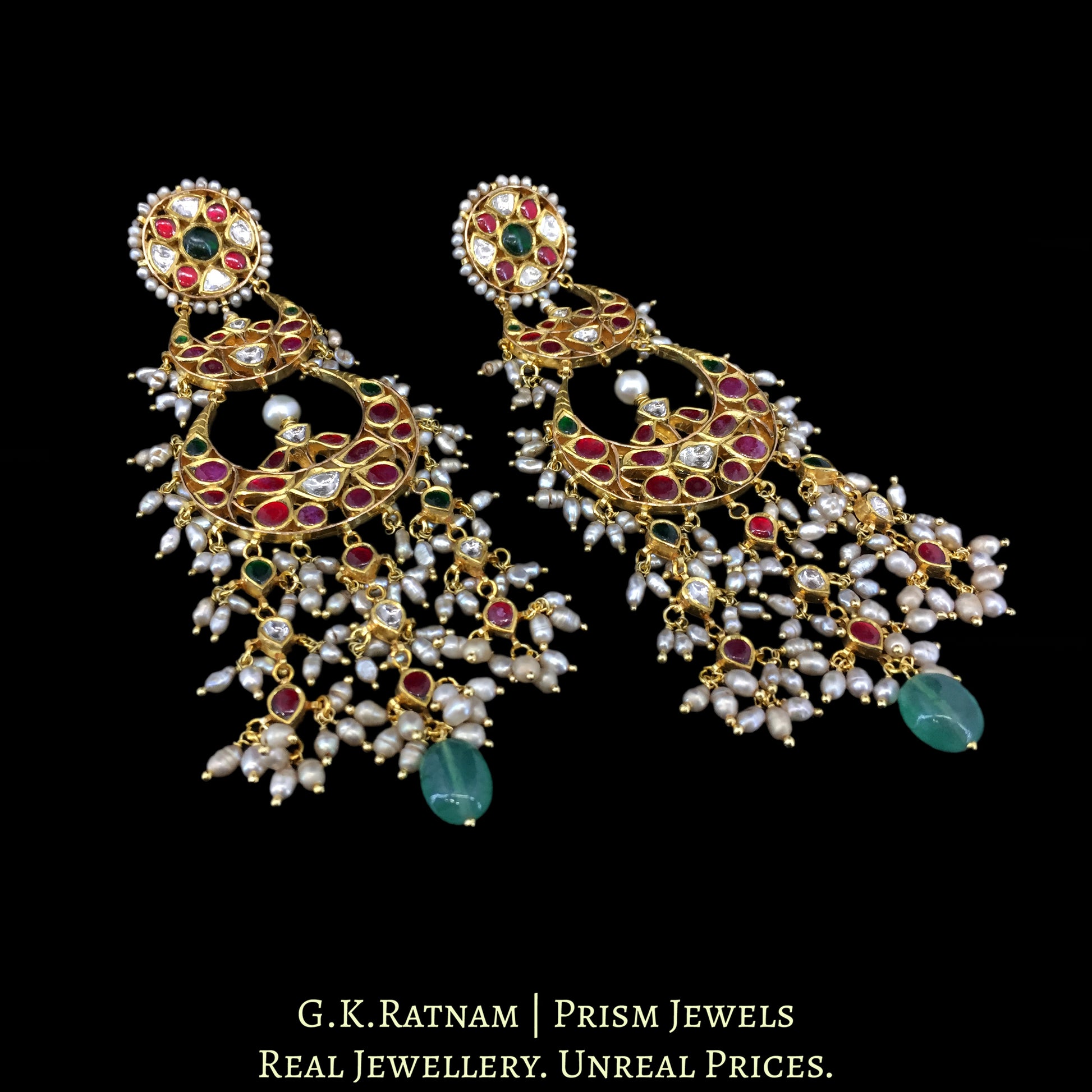 18k Gold and Diamond Polki Chand Bali Earring Pair with Antiqued Freshwater Pearls - G. K. Ratnam