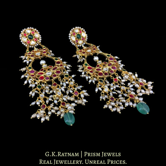18k Gold and Diamond Polki Chand Bali Earring Pair with Antiqued Freshwater Pearls - G. K. Ratnam