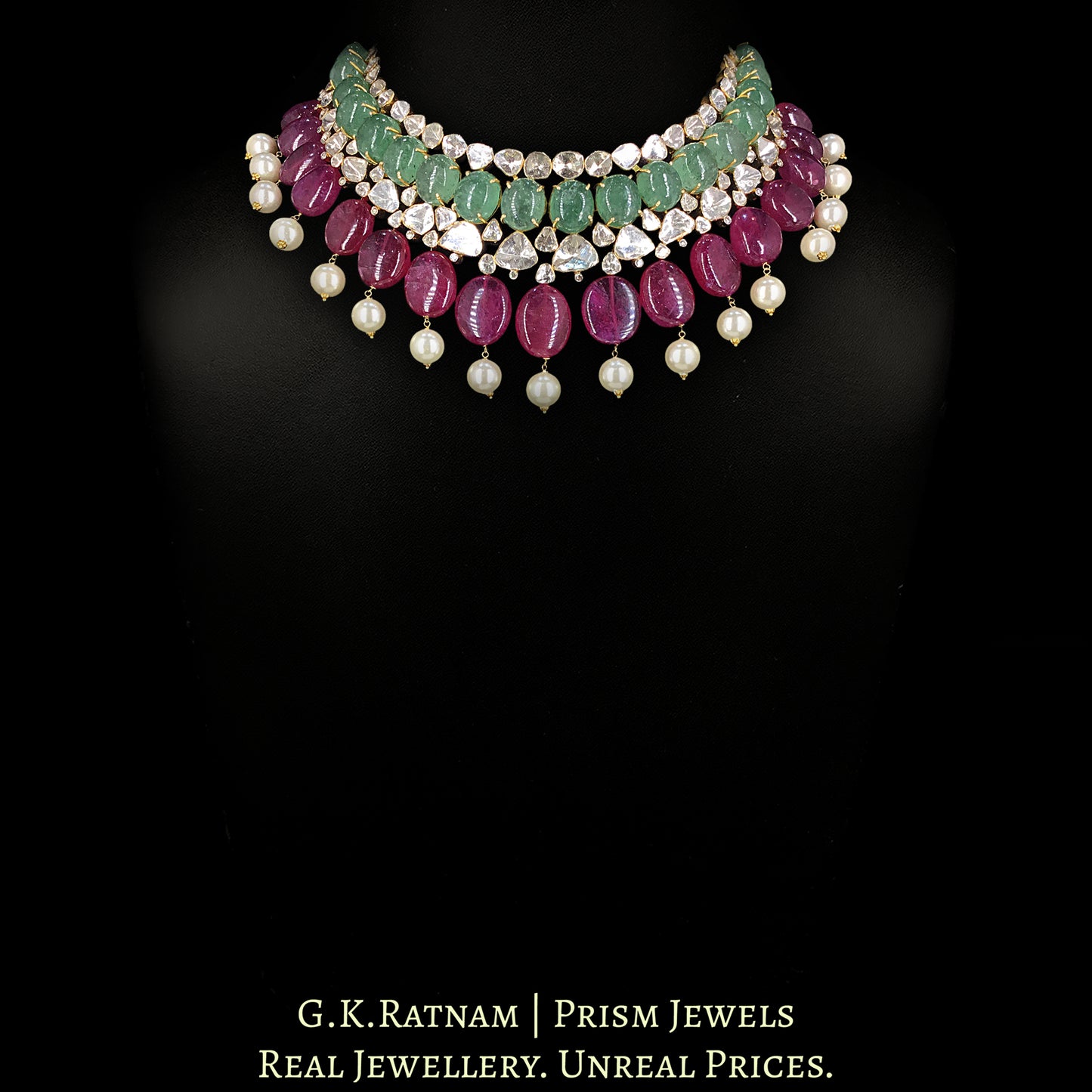 18k Gold and Diamond Polki Open Setting Necklace Set with Strawberry Quartz and Rubies