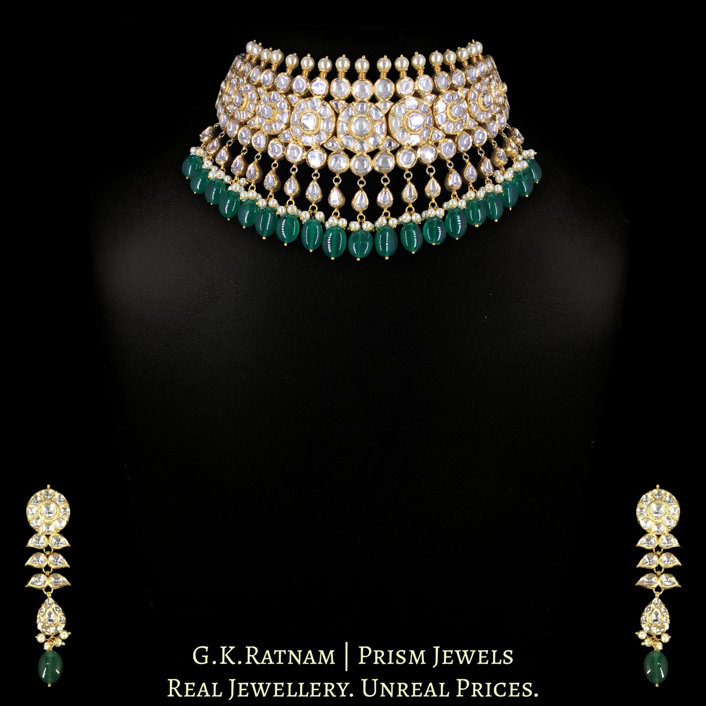 18K Gold and Diamond Polki Choker Necklace Set With Green Beryls