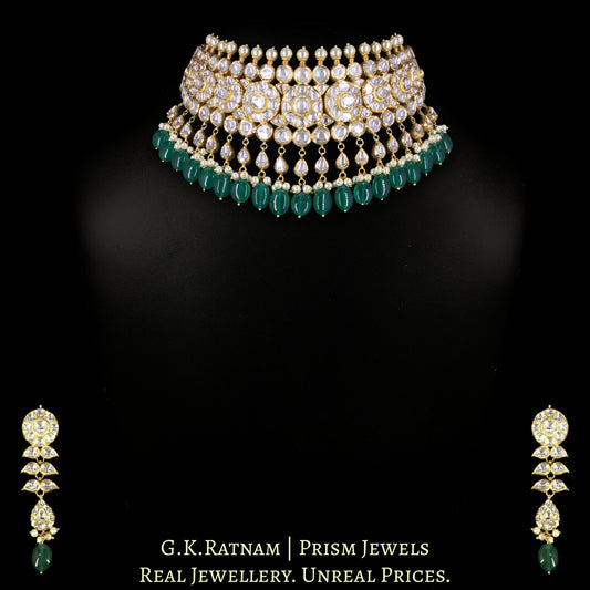 18K Gold and Diamond Polki Choker Necklace Set With Green Beryls