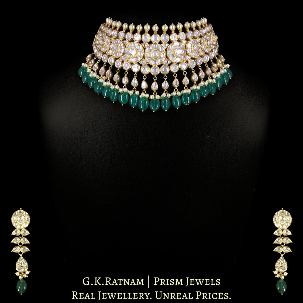 18K Gold and Diamond Polki Choker Necklace Set With Green Beryls