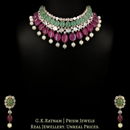 18k Gold and Diamond Polki Open Setting Necklace Set with Strawberry Quartz and Rubies
