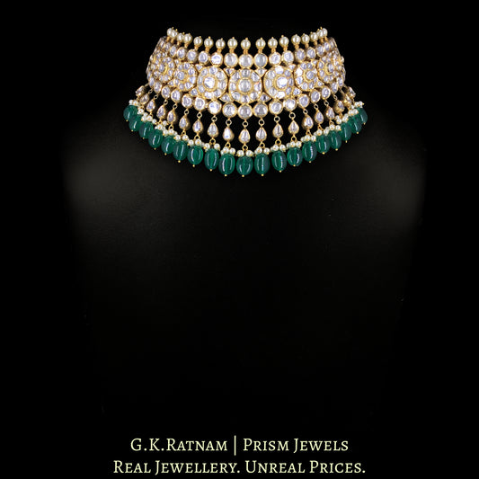 18K Gold and Diamond Polki Choker Necklace Set With Green Beryls