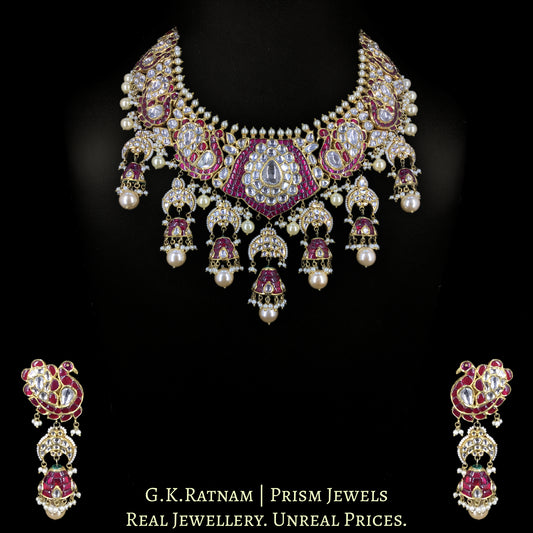 18k Gold and Diamond Polki Necklace Set with inverted chand motifs and half-jhumkis