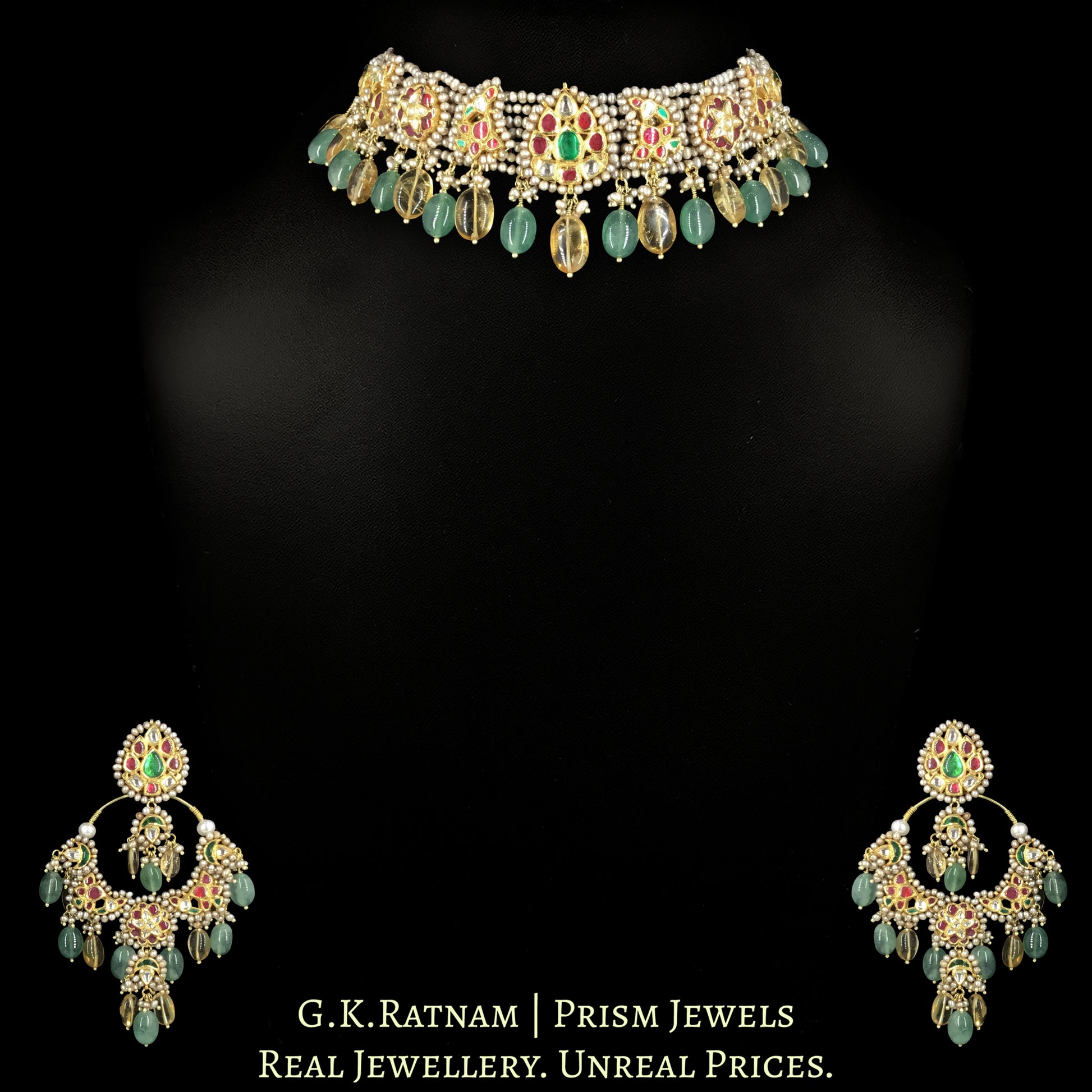 18k Gold And Diamond Polki Choker Necklace Set strung in Antiqued Hyderabadi Pearls - G. K. Ratnam