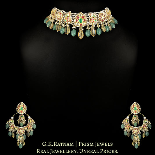 18k Gold And Diamond Polki Choker Necklace Set strung in Antiqued Hyderabadi Pearls - G. K. Ratnam