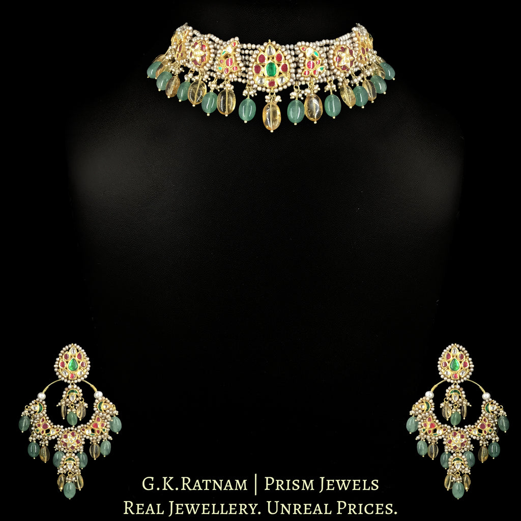 18k Gold And Diamond Polki Choker Necklace Set strung in Antiqued Hyderabadi Pearls