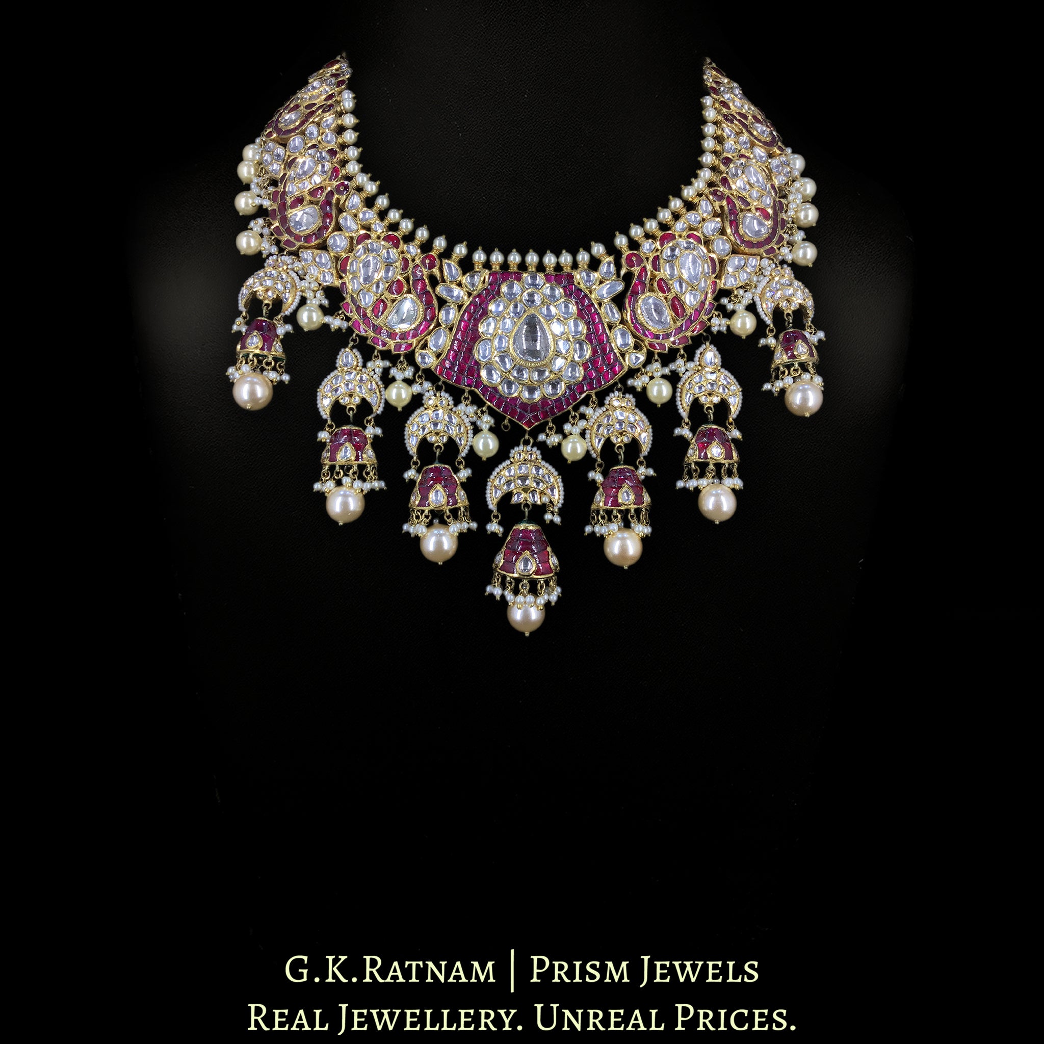 18k Gold and Diamond Polki Necklace Set with inverted chand motifs and half-jhumkis