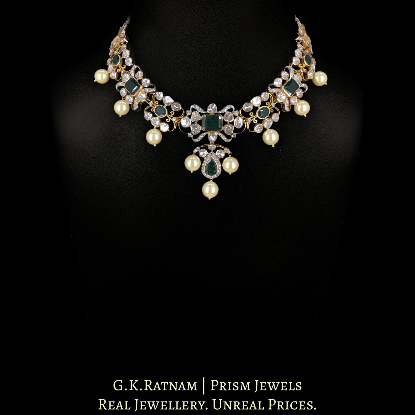 18k Gold And Diamond Polki Open Setting Necklace Set with emerald-green Beryls
