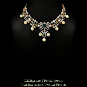 18k Gold And Diamond Polki Open Setting Necklace Set with emerald-green Beryls