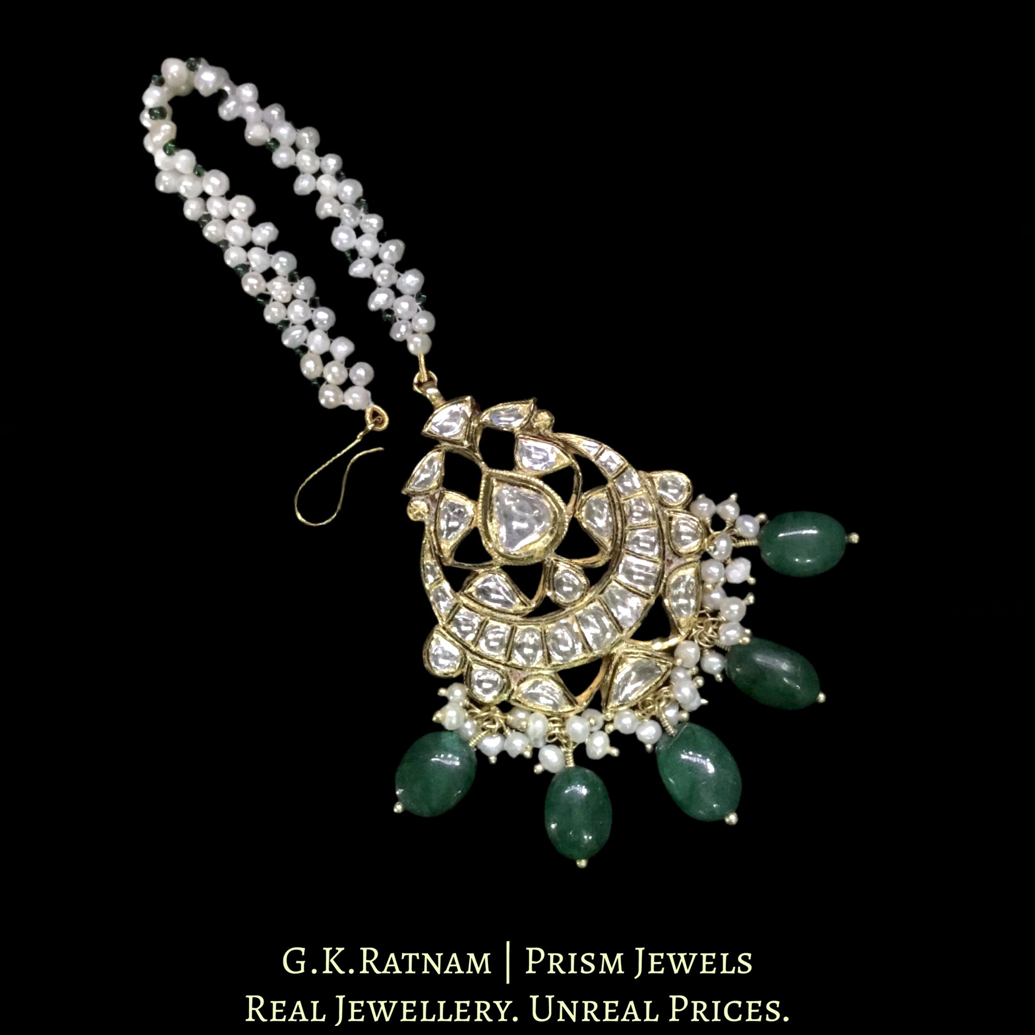 18k Gold and Diamond Polki Maang Tika With emerald-grade Green Beryls and Pearls