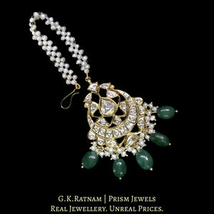 18k Gold and Diamond Polki Maang Tika With emerald-grade Green Beryls and Pearls