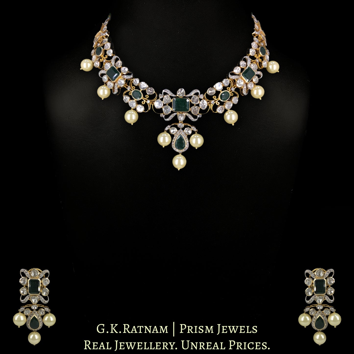 18k Gold And Diamond Polki Open Setting Necklace Set with emerald-green Beryls